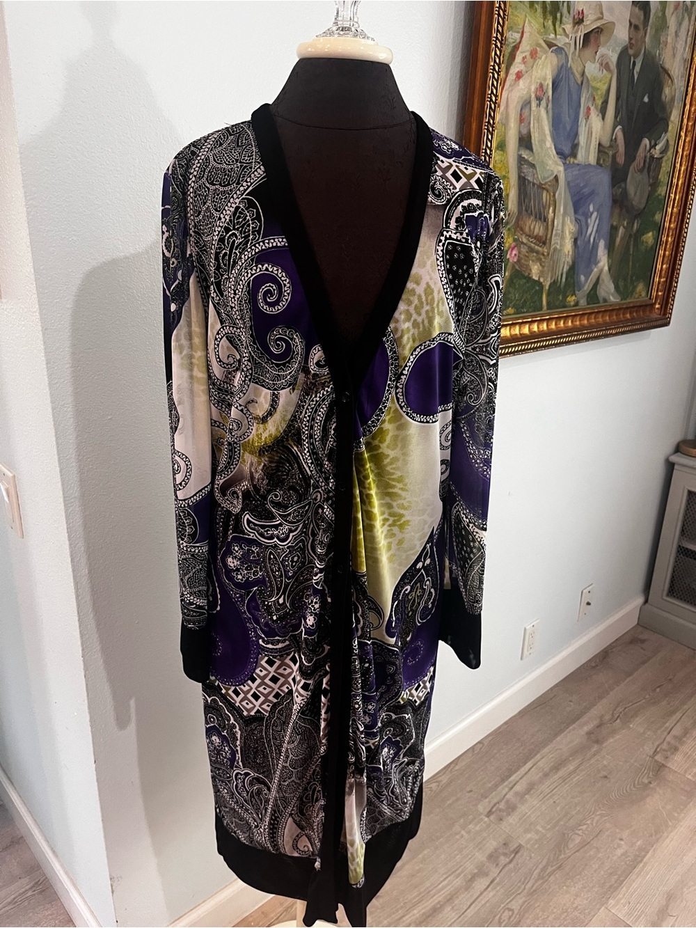 Chicos Black Label Mesh Lined Duster Cardigan Paisley Floral Medium Or 1 USA